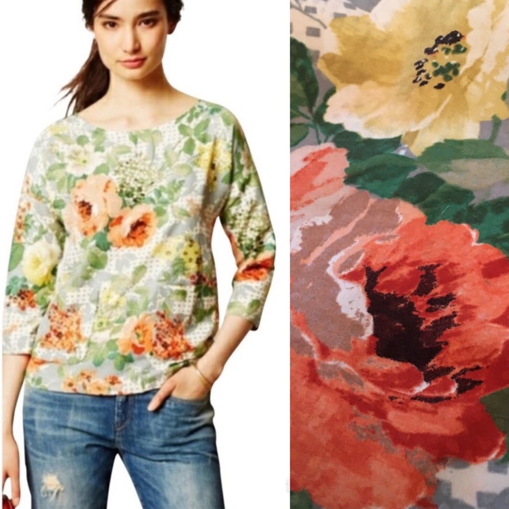 Anthropologie Floral Boatneck Top in Green, Coral, Yellow, Cream